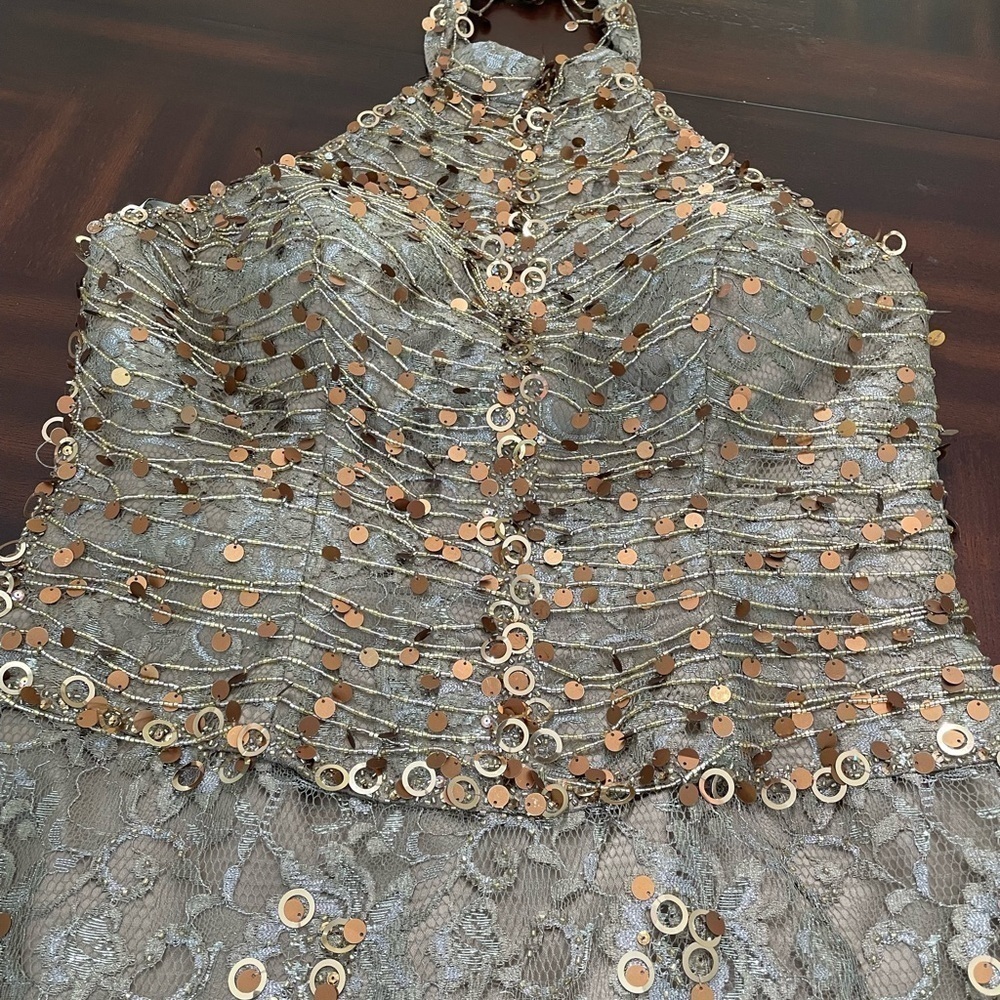 Tina di Montella women’s Lace sequins and beads champagne Halter neck dress S 12 - Picture 6 of 10
